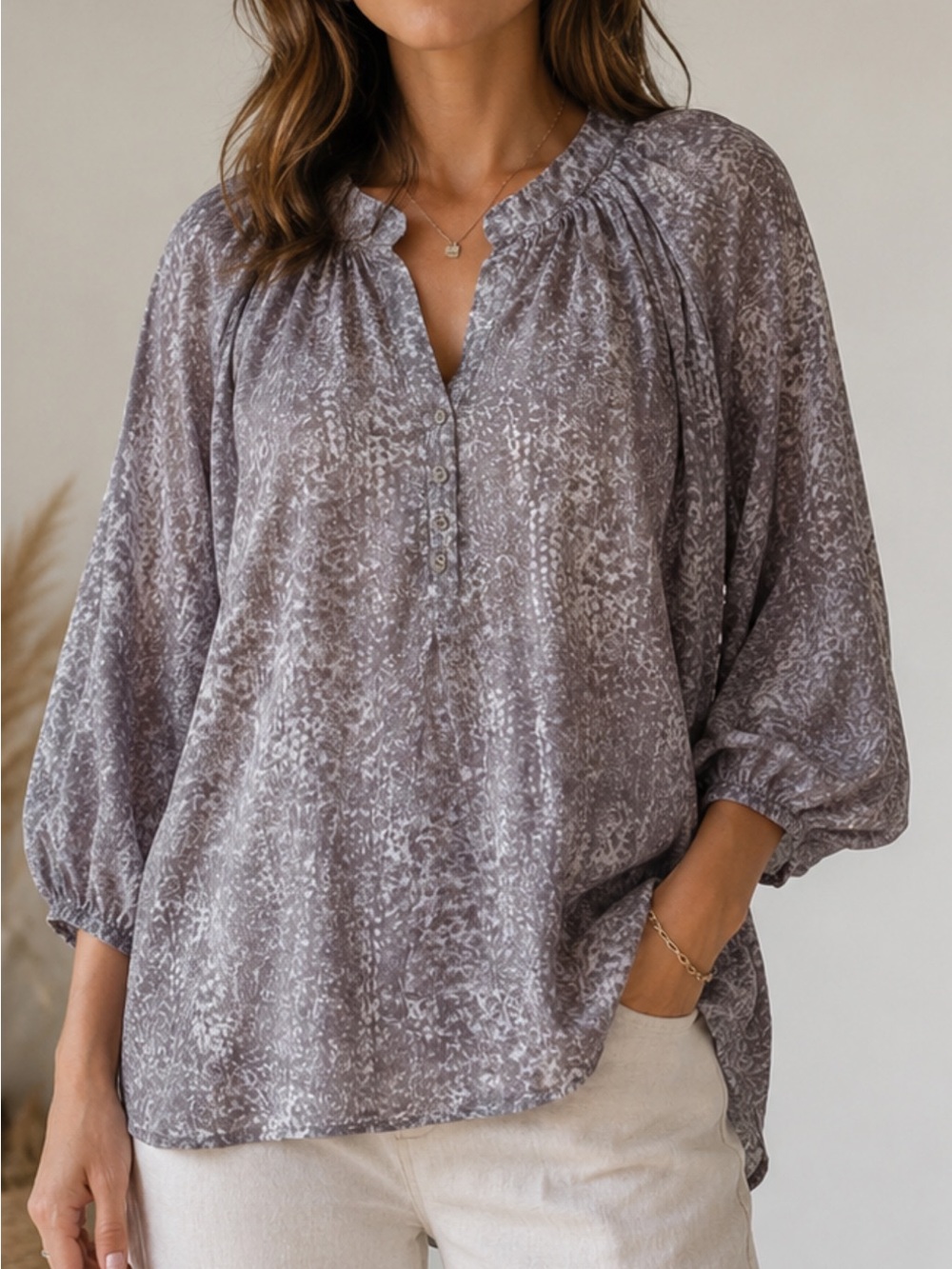 ZOA NEW YORK Women's Gray Printed Peasant Blouse